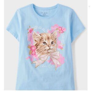 Light Blue “Feline Cute” Kitty Short Sleeve Graphic‎ Tee (Large10/12) BRAND-NEW!